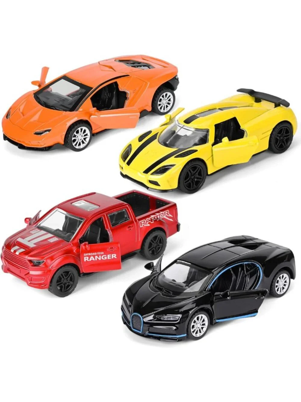 Diecast Pull Back Race Cars Set, 1:36 Scale with Opening Doors, 4 Pack for Kids